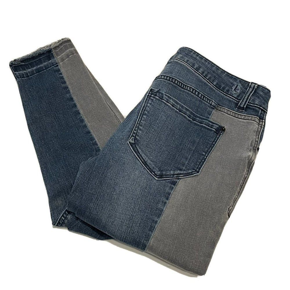 Kensie womens sz 27x 26 mid rise skinny color block patchwork jeans Raw Hem